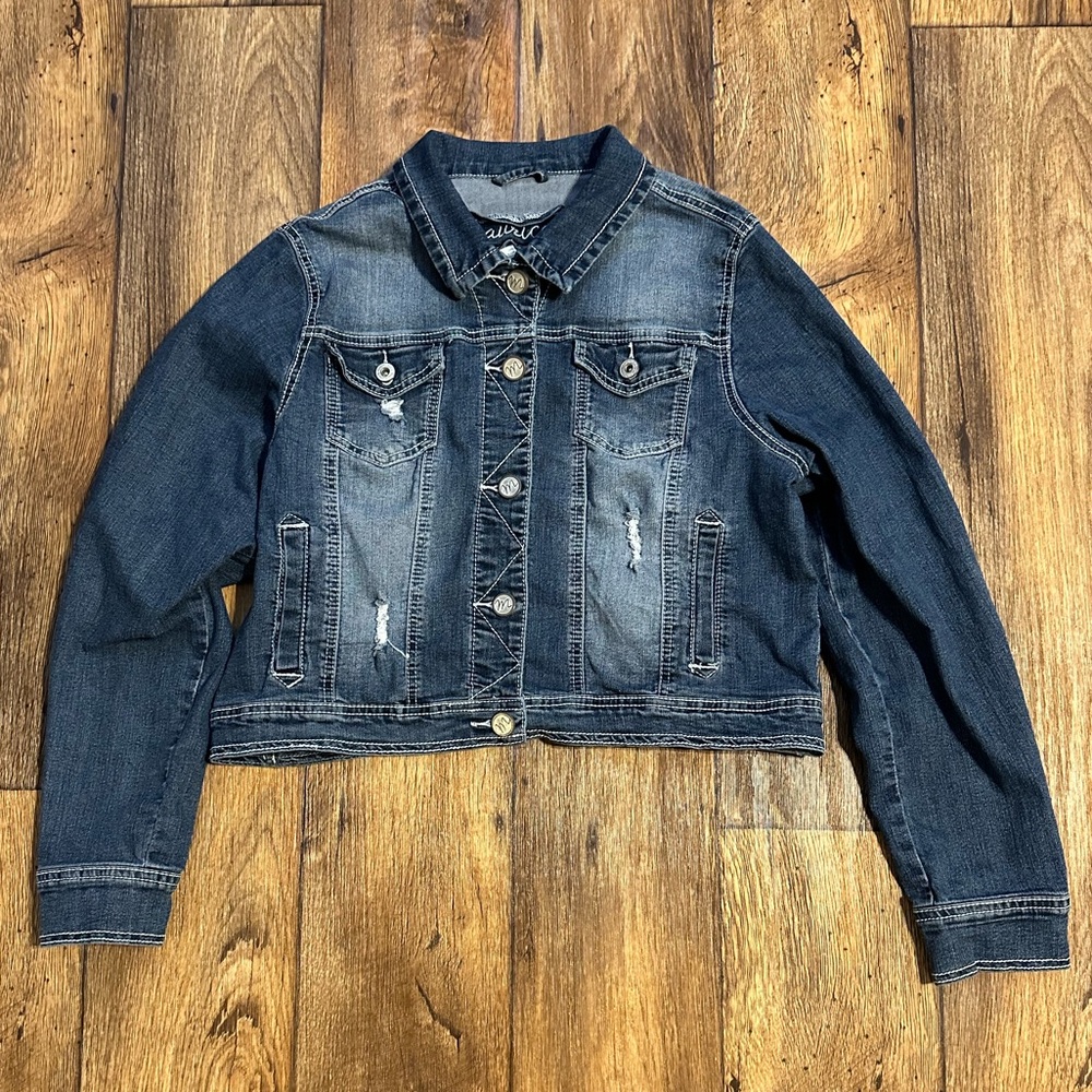 Maurices Dark Blue Distressed Jean Jacket - Size:XL